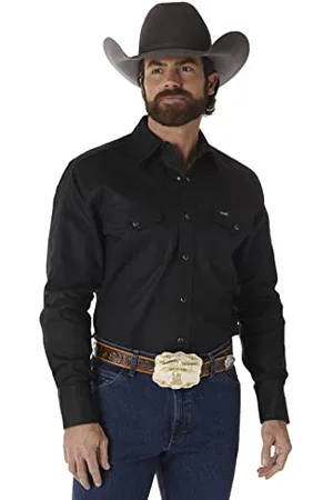 Wrangler Mens Cowboy Cut Western Two Pocket Long Sleeve Snap Work Shirt - Firm Finish - B&T,Black,X-Large Tall
