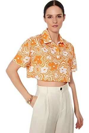 Trendyol Damska bluzka oversize Basic Shirt Collar Tkana bluzka, Pomarańczowa, 34, , 60