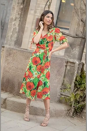 HOPE & IVY Sukienka midi z wiązaniem w talii i na rękawach, czerwona i zielona, UK16, , 42