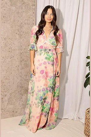 HOPE & IVY Sukienka maxi Vienna z dekoltem w serek z odkrytymi plecami i koronkowymi wykończeniami, różowa i zielona, UK18, , 44