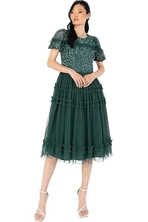 Maya Deluxe Damska sukienka midi, damska sukienka w stylu sequin, z krótkim rękawem, dla gości weselnych, druhny, na imprezę, bal, , 48