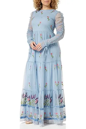 Frock and Frill Damska kwiecista haftowana sukienka na specjalne okazje, niebieska, 8, , 34