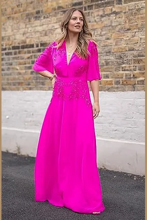 HOPE & IVY Sukienka maxi Lottie Plunge z przodu z trzepotającym rękawem, różowa, UK14, , 40