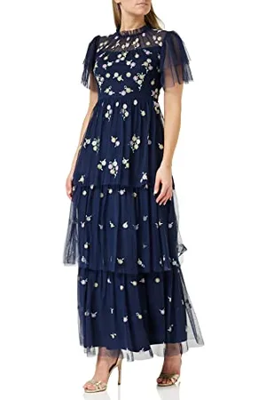 Frock and Frill Damska kwiecista haftowana sukienka na specjalne okazje, granatowa, 14, , 40
