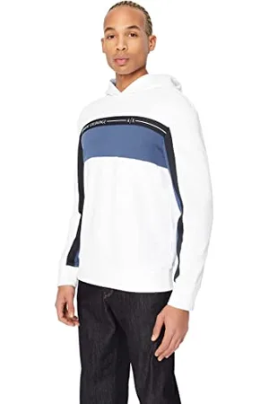 Armani Exchange Męska bluza z kapturem z bawełny organicznej, trójkolorowa, biała/granatowa, bardzo duża, , XL