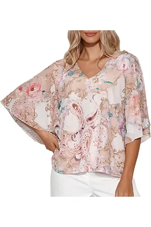 Makadamia Zwiewna Bluzka Damska | Rozmiar: 44/46 | Wielokolorowa | Rękawy Kimono | Modne Wzory | Lekki i Przewiewny Materiał | Letni, Elegancki, Luźny Styl | Uniwersalny Krój | Dekolt w Serek