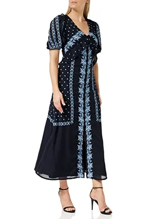 Frock and Frill Damska kwiecista haftowana sukienka na specjalne okazje, granatowa, 8, , 34