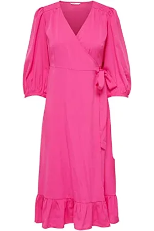 ONLY Kobiety Onlolivia 3/4 Wrap Midi Sukienka, Różowy, M