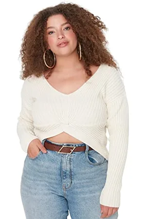 Trendyol Damska bluza z dekoltem w serek, zwykła, plus size, kamień, 4XL