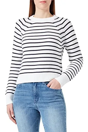 French Connection Damski sweter z okrągłym dekoltem Lillie Mozart w paski, letni biały/niebieski użytkowy, XL