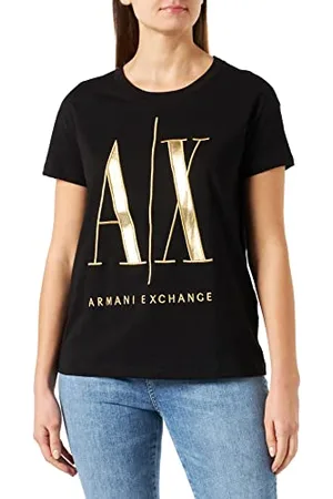 Armani Exchange Koszulka damska z logo Icon, krój regularny, Maxi Gold Embroidered Logo T-Shirt, czarna, ekstra mała, czarny, XS