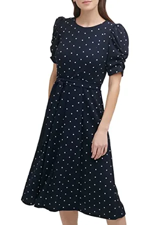 DKNY Damska sukienka midi z rękawem węzłowym, Czarny/kość słoniowa Multi, 40