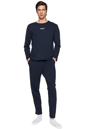 Trendyol Męski męski napis dzianinowy T-shirt - spodnie zestaw piżamowy, , M, , M