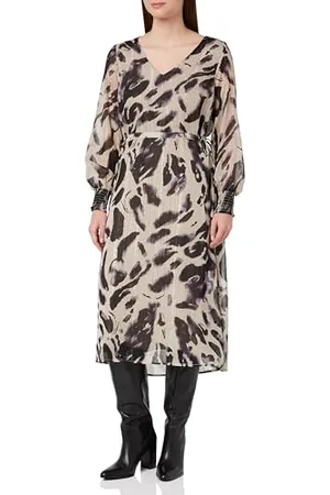 Kaffe Damska sukienka Midi V-Neck Długie Rękawy Pasowane Ściereczka Drukowana Casual Fit, , 34