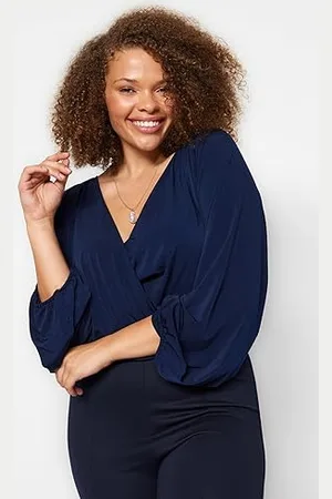 Trendyol Damska prosta bluzka z długimi rękawami, regularna bluzka w rozmiarze plus size, , XXL