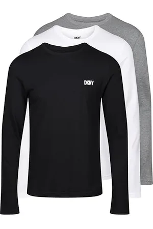 DKNY Męski top z długim rękawem Slim Fit w kolorze czarnym/białym/szarym z okrągłym dekoltem i markowym logo, 100% bawełna, super miękka i wygodna odzież domowa, , L