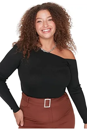 Trendyol Damska prosta bluzka z długim rękawem, taliowana, plus size, , 4XL