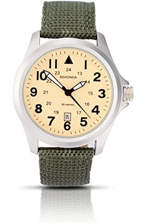Sekonda Męski zegarek w stylu pilota, 43 mm, z okienkiem daty i nylonowym paskiem, wodoodporny 50 m, Pasek khaki/kremowa tarcza, pasek