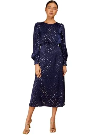 Little Mistress Damska granatowa foliowa kropka, Midaxi casualowa sukienka wieczorowa, , 40
