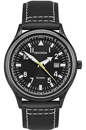 Sekonda Męski zegarek kwarcowy 42 mm w stylu pilota, z analogowym wyświetlaczem daty i skórzanym paskiem, wodoodporny 50 m, , pasek