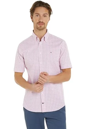 Tommy Hilfiger Mężczyźni Cl Str Business Chk Koszula Rf S/S Sukienki Koszule, Różowa, 37W, Optyczny biały/różowy kryształ/wielokolorowy, 36