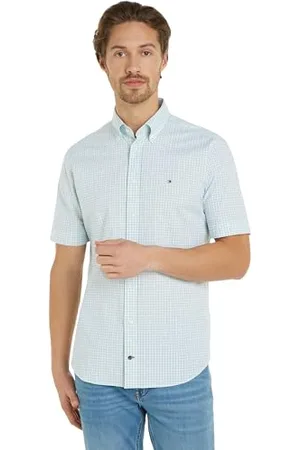 Tommy Hilfiger Mężczyźni Cl Str Business Chk Koszula Rf S/S Sukienki Koszule, Zielony, 38W, Optyczny biały/trawa morska mięta/wielokolorowy, 36