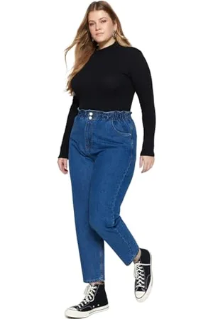 Trendyol Kobiety Plus Size wysoka talia proste nogawki Plus Size dżinsy, niebieskie, 48