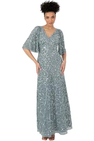 Maya Deluxe Damska sukienka maxi, dekolt w serek, krótka sukienka aniołowa, embellished A-line Bridesmaid Wedding Guest Prom Ball Gown, mgła zieleń, 50, , 50