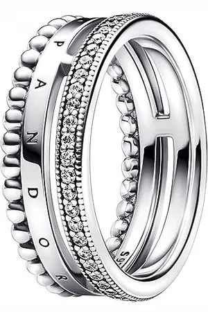 PANDORA Signature Logo Pavé & Perlen Ring in der Farbe Silber aus Sterling-Silber mit Cubic Zirkonia - Größe: 56, 192312C01-56