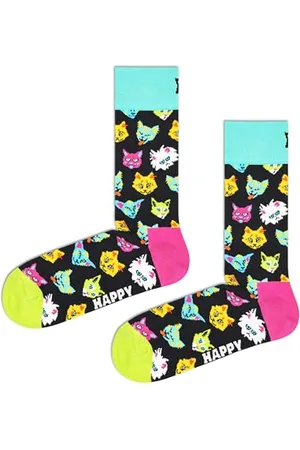 Happy Socks Funny Cat Sock, kolorowe i zabawne, Skarpety dla kobiet i mężczyzn, Czarny-Zielony-Różowy-Turkus (36-40)