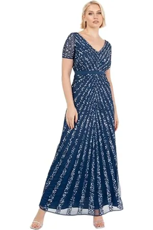 Maya Deluxe Damska sukienka maxi, damska, z wyszywanymi cekinami, z długim rękawem, dekolt w serek, wysoka talia, krój A, błyszcząca, na studniówkę, wesele, dla druhny, , 42
