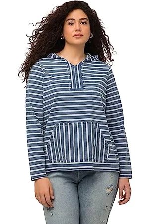 Ulla Popken Damska duża bluza z kapturem, duże rozmiary, duże rozmiary, paski, guziki, kaptur, długi rękaw, ciemnoniebieska 62+ 816890734-62+, , 62-64