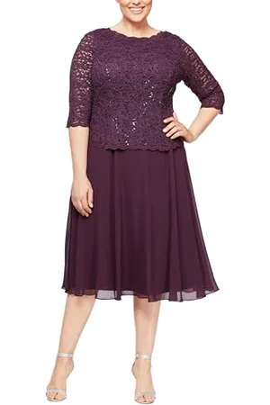 Alex Evenings Womens Plus Size Tea-length Lace Mock Special Occasion Dress, Deep Plum, 24 Plus