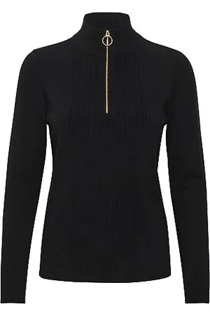 Cream Damski sweter z okrągłym dekoltem i długim rękawem z długim zamkiem błyskawicznym, czarna, XL/XXL