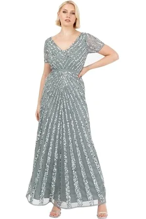 Maya Deluxe Damska sukienka maxi, damska, z wyszywanymi cekinami, z długim rękawem, dekolt w serek, wysoka talia, krój A, błyszcząca, na studniówkę, wesele, dla druhny, , 40