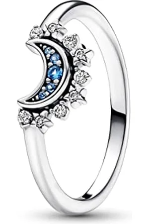 PANDORA Moments Celestial Pierścionek ze srebra próby 925 z niebieskim kryształem i przezroczystym cyrkoniami, błyszczący księżyc, 48