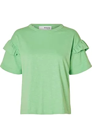 SELECTED T-shirt damski z bawełny organicznej z falbankami, , M
