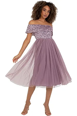 Maya Deluxe Damska sukienka Bardot dla kobiet, Midi High Empire Waist Sequins Embellished Formal Evening for Wedding Guest sukienka druhny, , 44