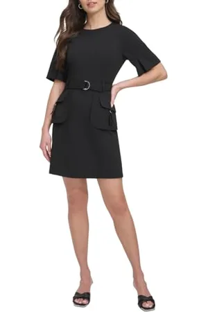 DKNY Damska sukienka z krótkim rękawem z obszyciem pierścieniowym, czarna, rozmiar 48, , 48