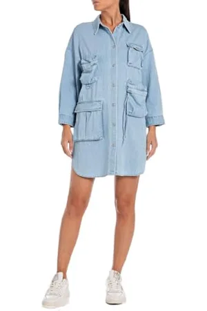Replay Damska krótka sukienka dżinsowa z długim rękawem jeans, , XXS