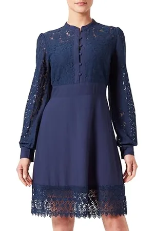 Cream Damska sukienka Above Knee Długość Długie Rękawy Koronkowe Buttons Okrągły Dekolt Kobiety, , 32