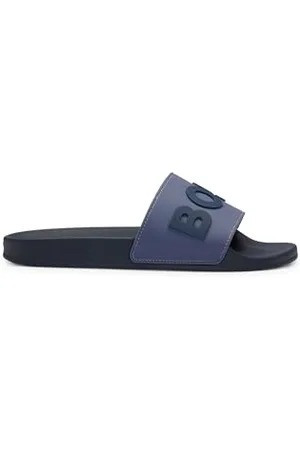 HUGO BOSS Męskie klapki Kirk Slid Made in Italy z wytłoczonym logo, Niebieski, 45 EU