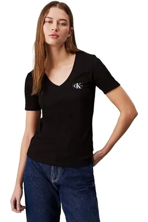 Calvin Klein Jeans Damska tkana etykieta prążkowana koszulka z krótkim rękawem i dekoltem w serek, , XXS
