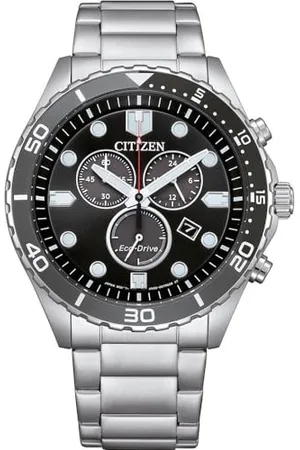 Citizen Męski zegarek z chronografem solarnym AT2568-82E, stal nierdzewna, okrągły, czarna tarcza, średnica 43 mm, wodoodporny 100 m, zasilany energią słoneczną, , bransoletka