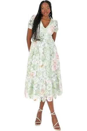 Maya Deluxe Damska sukienka Midi Ladies z dekoltem w serek, z nadrukiem kwiatowym, koronka, na wesele, bal absolwentów, , 44