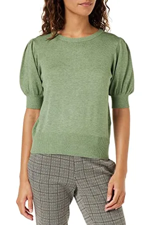 Minus Damski sweter z dzianiny Liva Puff Half Sleeve | Zielony UK | Jesienne swetry damskie | Rozmiar XXL T-shirt, 3009m Bazylia Zielony Melanż, XXL