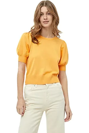 Minus Damski sweter z dzianiny Liva Puff Half Sleeve | Pomarańczowy UK | Jesienne swetry damskie | Rozmiar XS T-shirt, 6075 Sorbet mango, XS