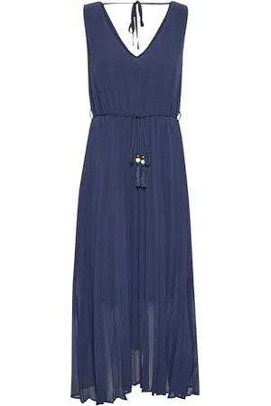 Cream Damska sukienka maxi bez rękawów V-Neck Tying Belt Regular Fit Pleated Skirt, , 34