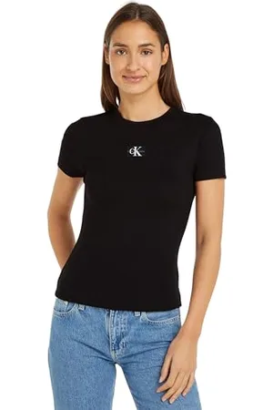 Calvin Klein Jeans Damska tkana etykieta prążkowana koszulka z krótkim rękawem i okrągłym dekoltem, , XXS