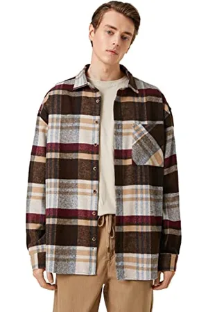 Koton Męska koszula Check Plaid Pocket Detailed Classic Neck Long Sleeve, , L